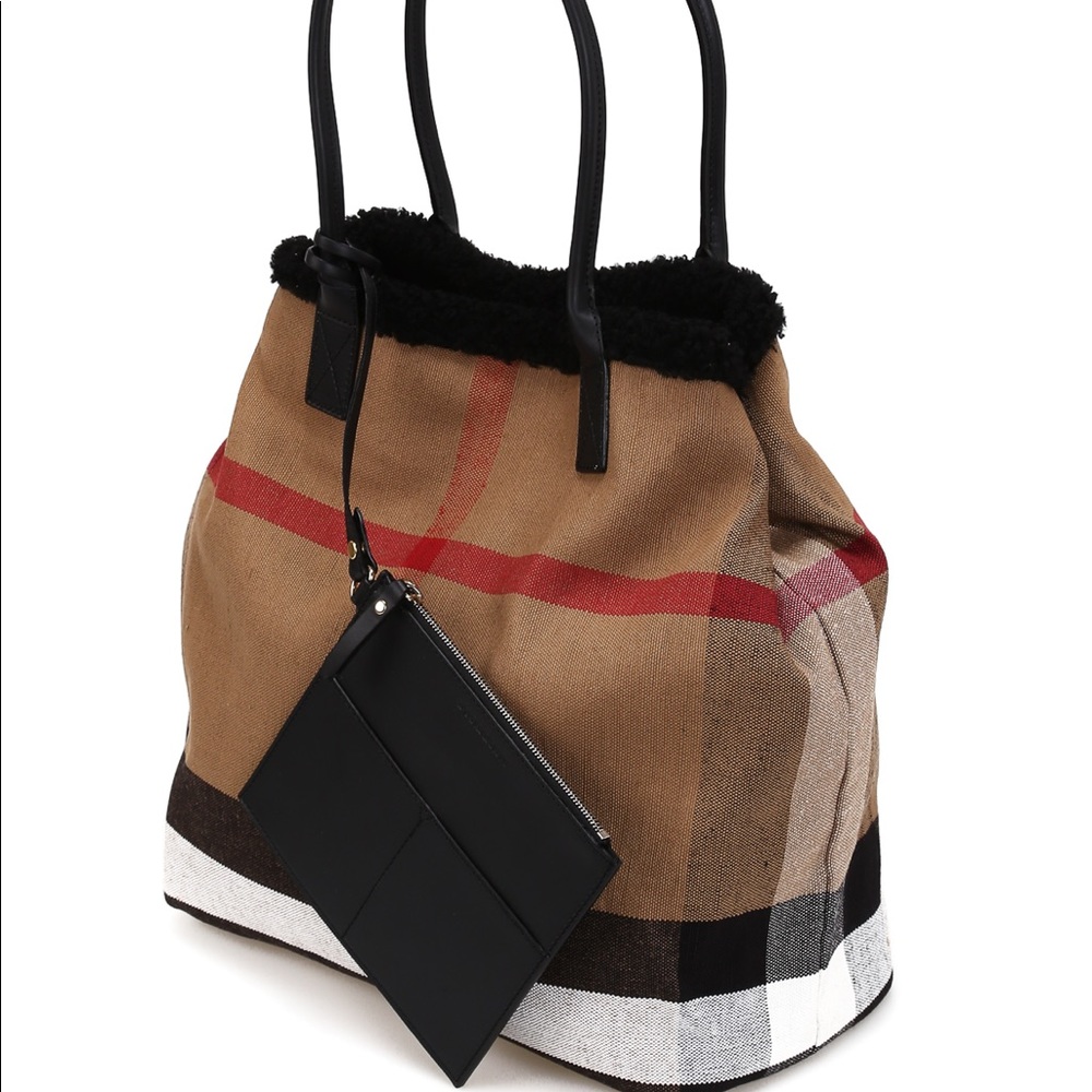 Burberry shearling and canvas check tote bag